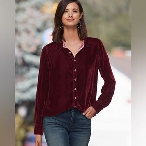 NWOT CP Shades Romy Velvet Shirt in Sangria Maroon Red Button Up Long Sleeve